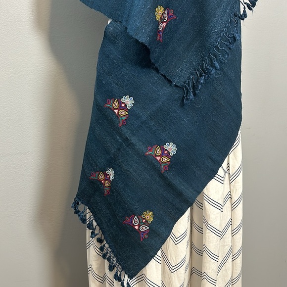 Petroleum Green Cotton Embroidered Tasseled Scarf - Picture 9 of 17